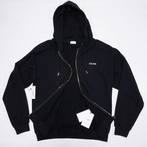 NEW CELINE x Hedi Slimane Loose Zipped Hoodie Black Cotton Fleece Logo XXL 2XL